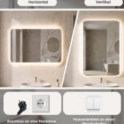 Badspiegel mit LED Beleuchtung 3 Lichtfarben Dimmbar & Stufenlose Helligkeitsregelung 70 x 50 cm
