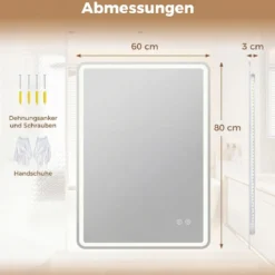 Badspiegel mit LED Beleuchtung & Anti-Beschlag Wandspiegel aus Gehärtetes Glas 80 x 60 x 3 cm