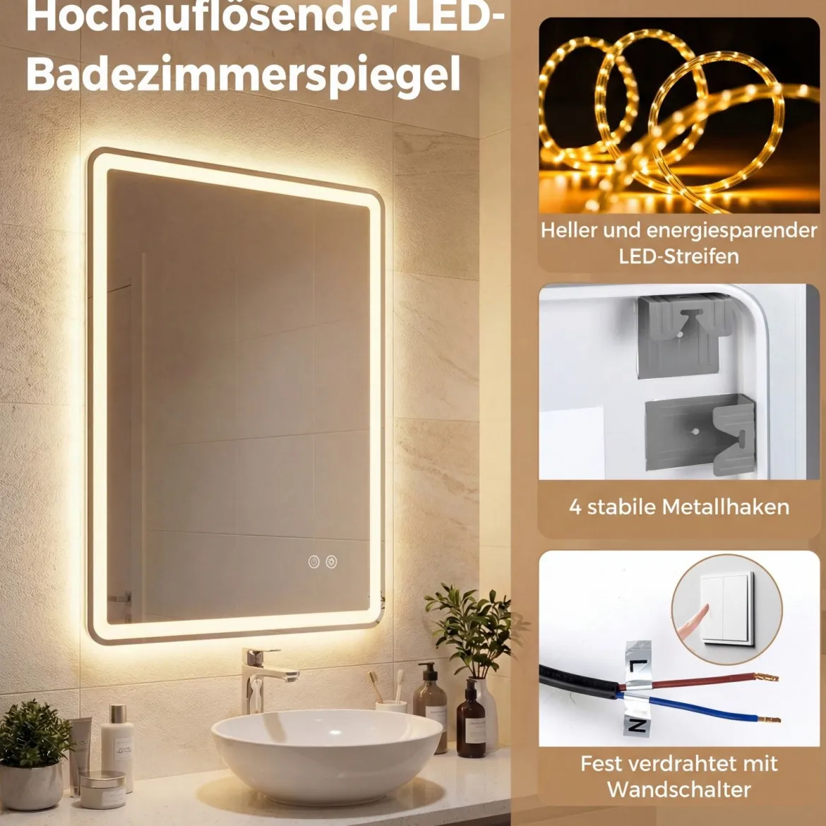 Badspiegel mit LED Beleuchtung & Anti-Beschlag Wandspiegel aus Gehärtetes Glas 80 x 60 x 3 cm