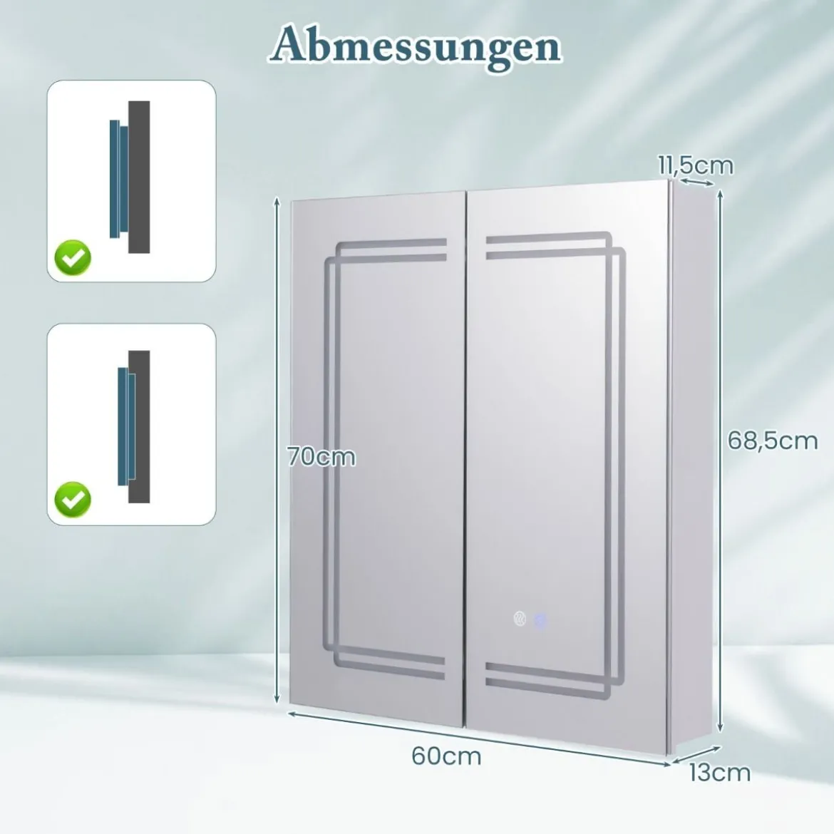 Bad Spiegelschrank mit Beleuchtung & 2 Steckdosen & Doppeltüren Anti-Beschlag Hängeschrank