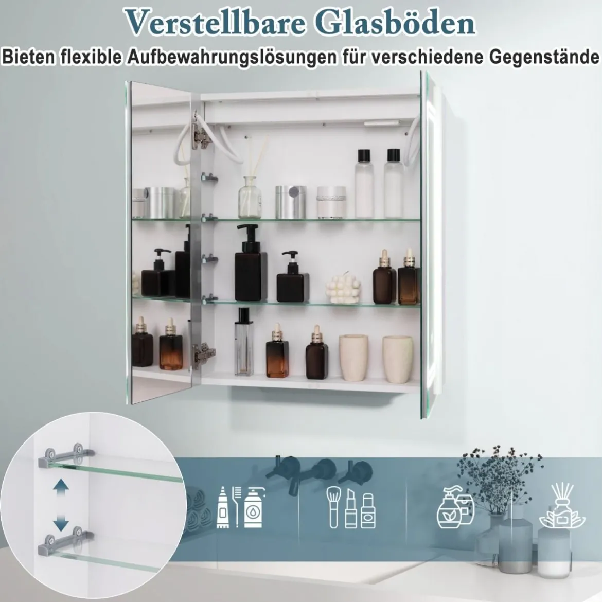 Bad Spiegelschrank mit Beleuchtung & 2 Steckdosen & Doppeltüren Anti-Beschlag Hängeschrank