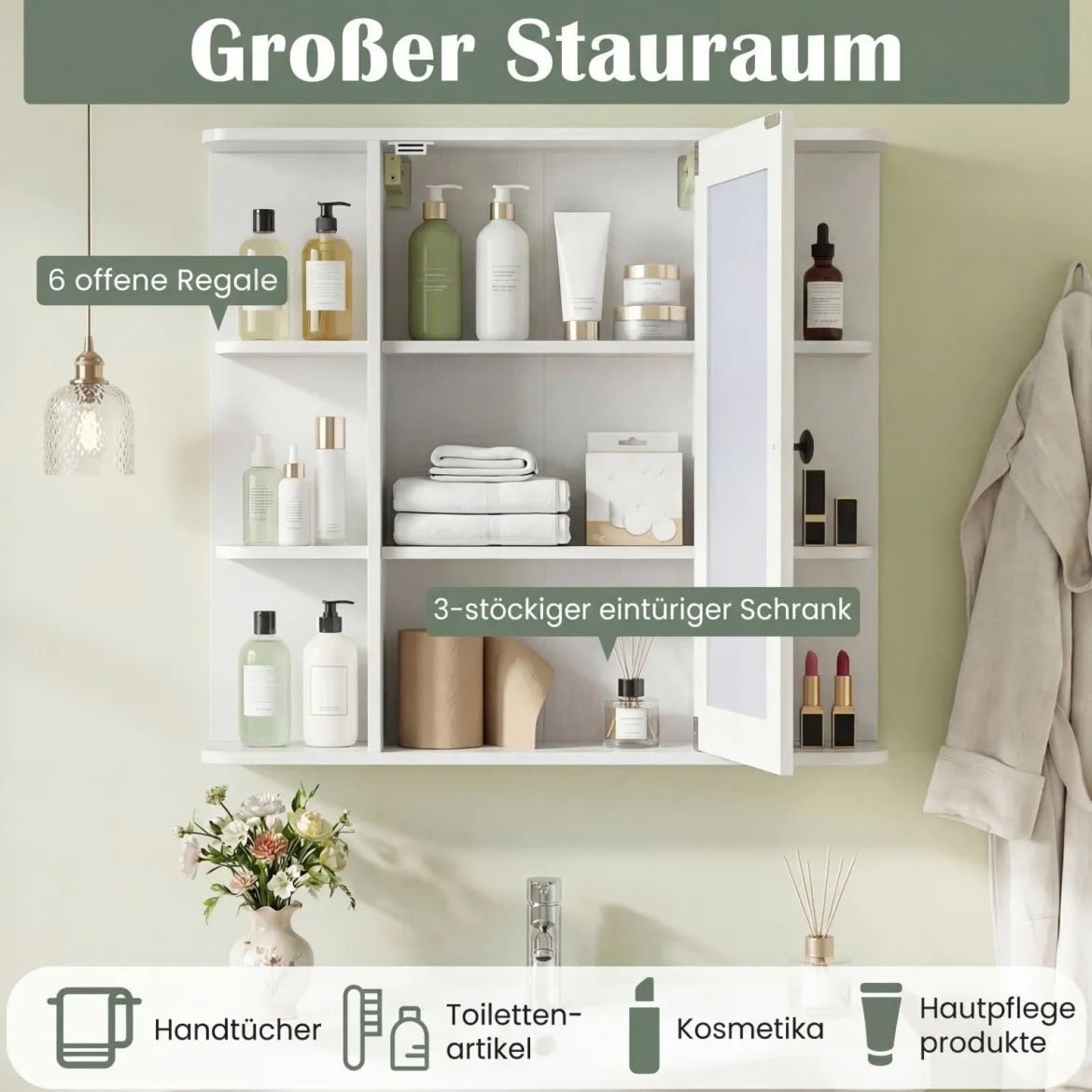 Bad Spiegelschrank mit 3 Innenablagen & 6 Offenen Fächern Badschrank mit Spiegel Weiß