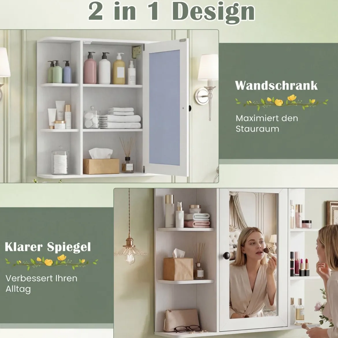 Bad Spiegelschrank mit 3 Innenablagen & 6 Offenen Fächern Badschrank mit Spiegel Weiß