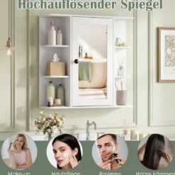 Bad Spiegelschrank mit 3 Innenablagen & 6 Offenen Fächern Badschrank mit Spiegel Weiß