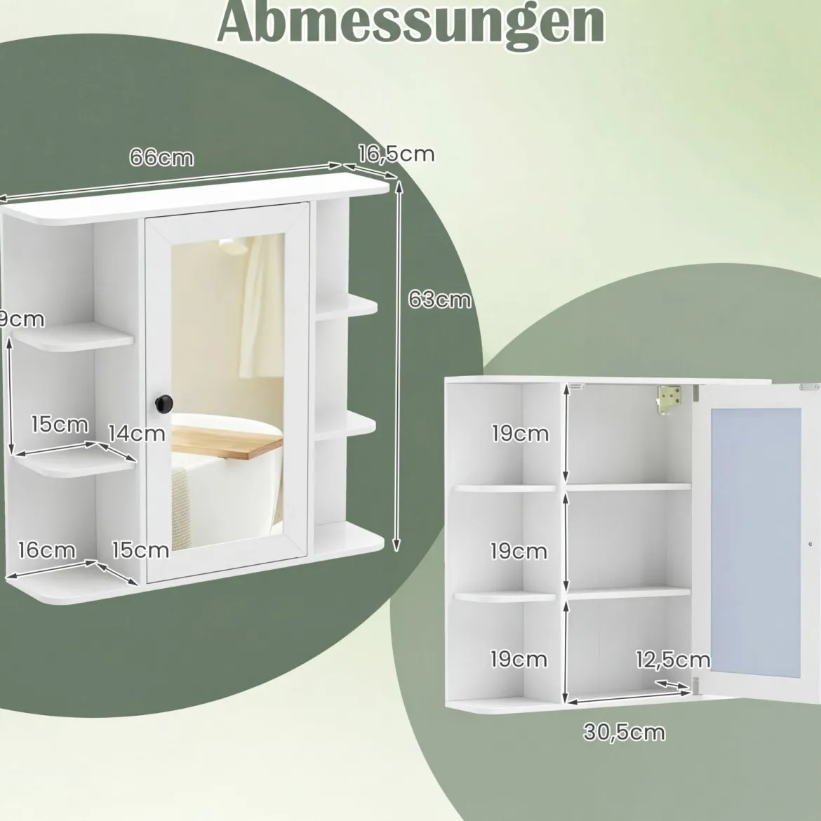 Bad Spiegelschrank mit 3 Innenablagen & 6 Offenen Fächern Badschrank mit Spiegel Weiß