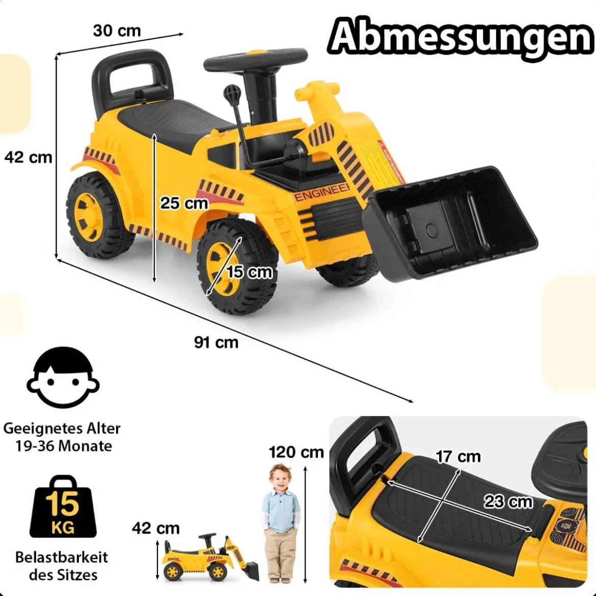 Bagger zum aufsitzen mit Verstellbarer Schaufel & Stauraum unter Sitz Sitzbagger Kinderbagger