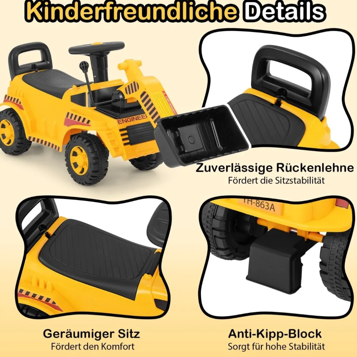 Bagger zum aufsitzen mit Verstellbarer Schaufel & Stauraum unter Sitz Sitzbagger Kinderbagger