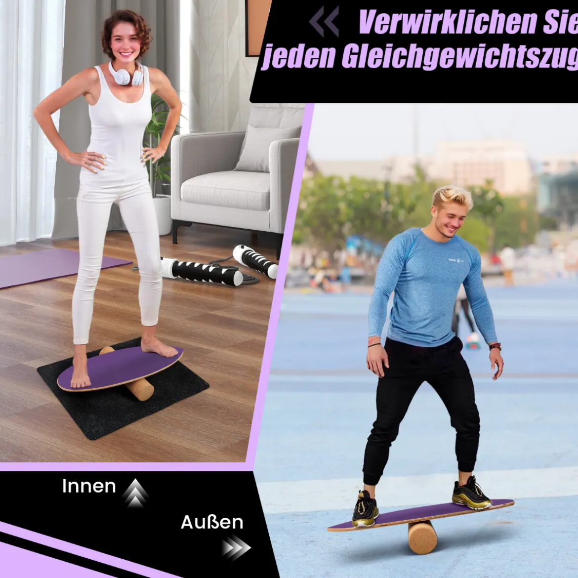 Balance Board aus Holz Balancebrett Balance Trainer Trickboard für zuhause inkl. Korkrolle