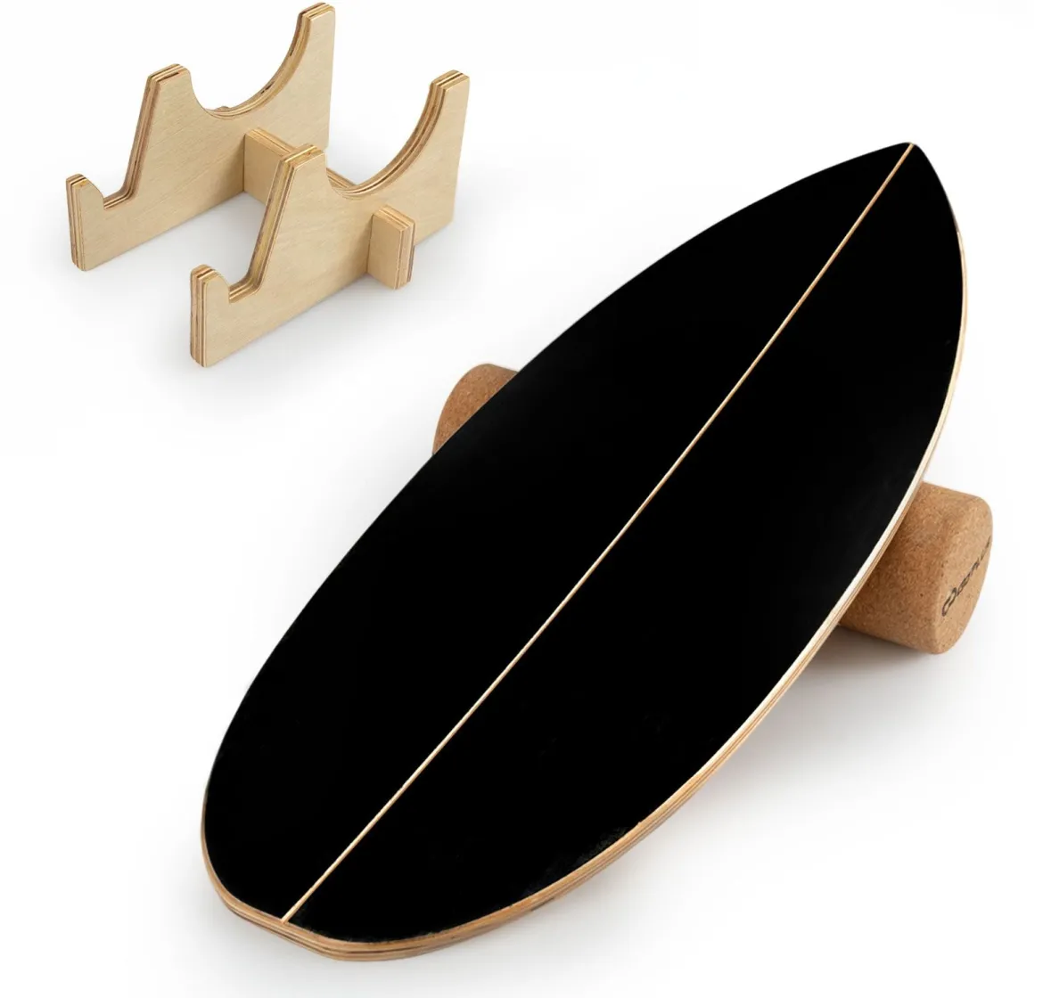 Balance Board für Erwachsene Holz Gleichgewichtstrainer mit Korkrolle und Aufbewahrungsständer Schwarz
