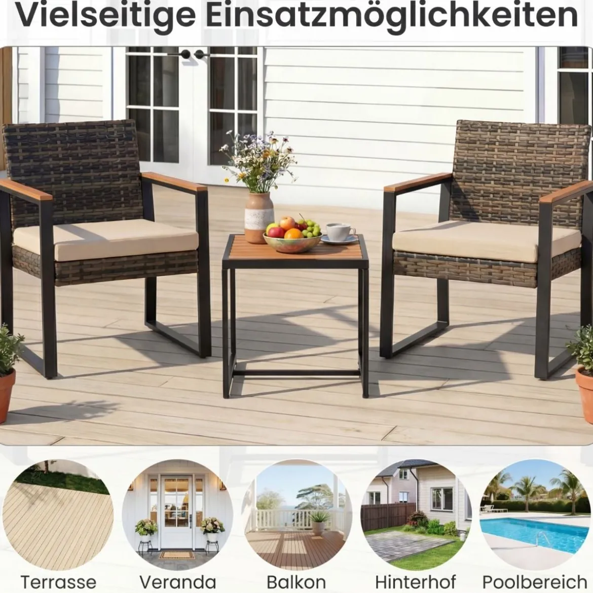 Balkonmöbel Set mit 2 Stühle & Beistelltisch & Weicher Kissen Sitzgruppe Lounge Set Beige