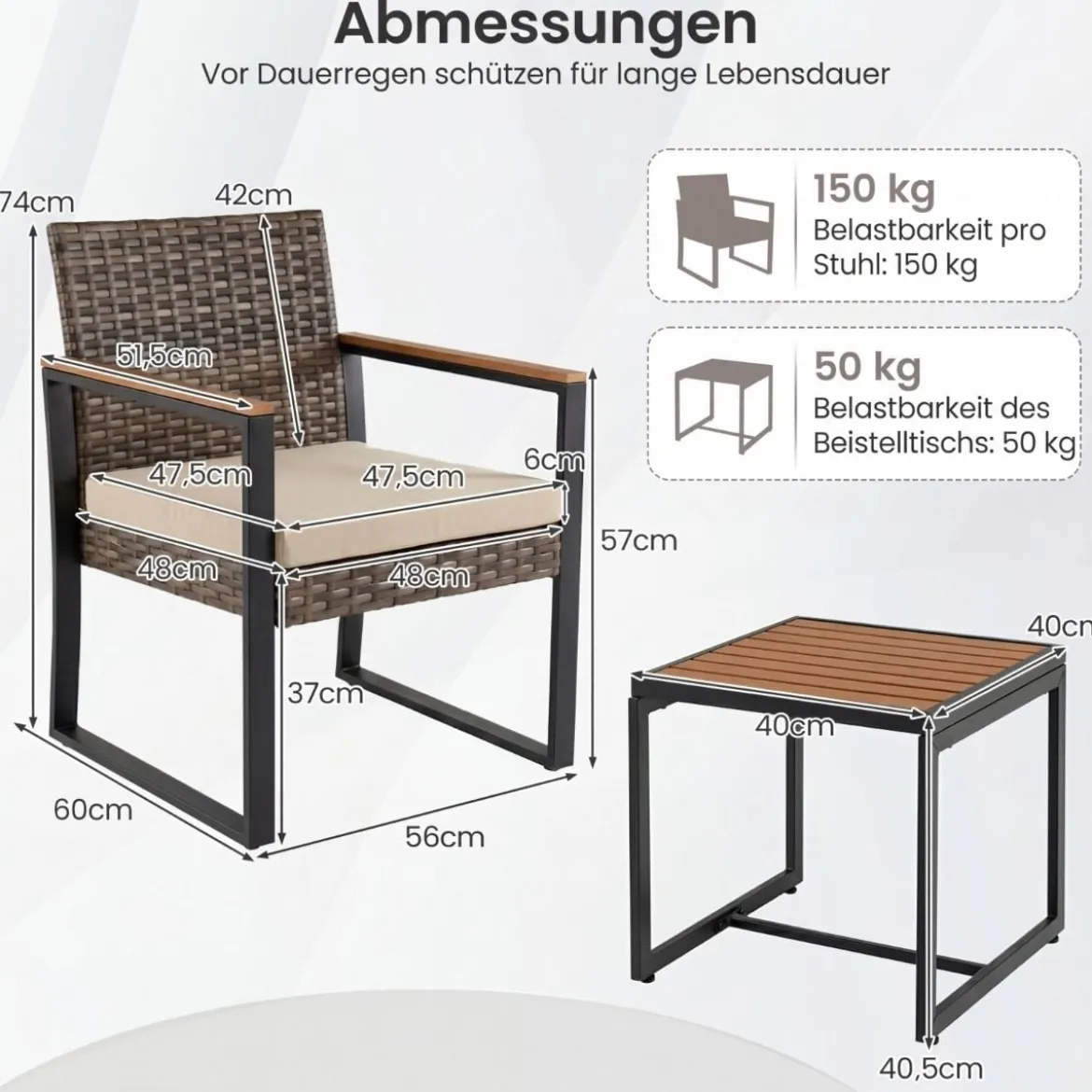 Balkonmöbel Set mit 2 Stühle & Beistelltisch & Weicher Kissen Sitzgruppe Lounge Set Beige