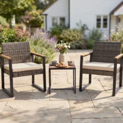 Balkonmöbel Set mit 2 Stühle & Beistelltisch & Weicher Kissen Sitzgruppe Lounge Set Beige