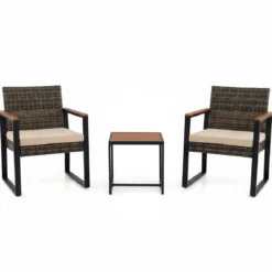 Balkonmöbel Set mit 2 Stühle & Beistelltisch & Weicher Kissen Sitzgruppe Lounge Set Beige