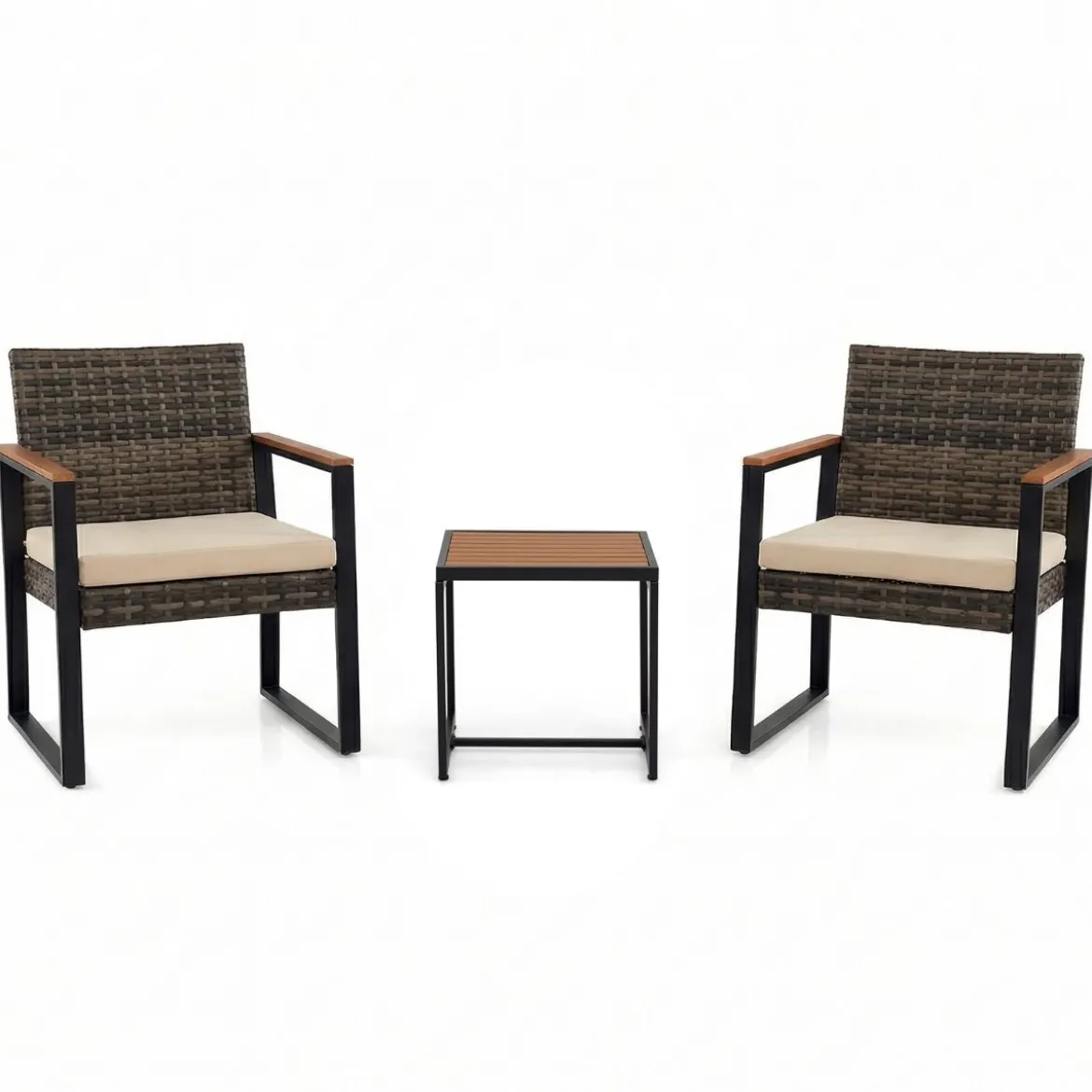 Balkonmöbel Set mit 2 Stühle & Beistelltisch & Weicher Kissen Sitzgruppe Lounge Set Beige
