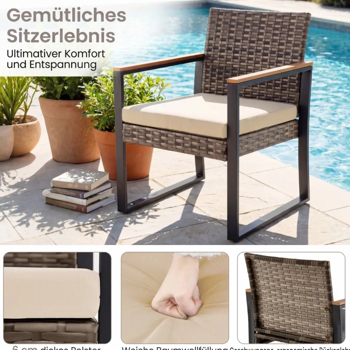Balkonmöbel Set mit 2 Stühle & Beistelltisch & Weicher Kissen Sitzgruppe Lounge Set Beige