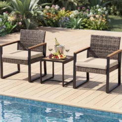 Balkonmöbel Set mit 2 Stühle & Beistelltisch & Weicher Kissen Sitzgruppe Lounge Set Beige