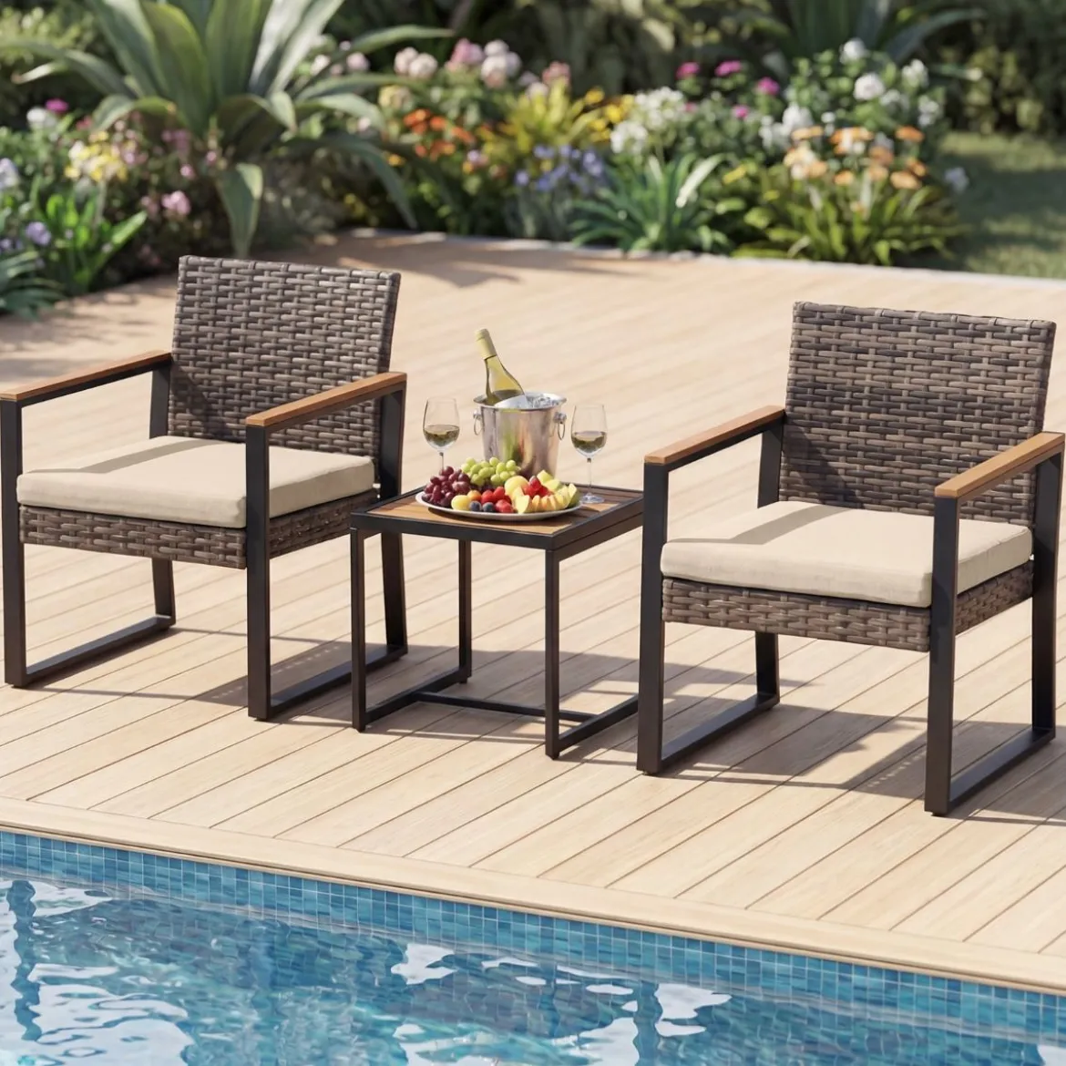 Balkonmöbel Set mit 2 Stühle & Beistelltisch & Weicher Kissen Sitzgruppe Lounge Set Beige