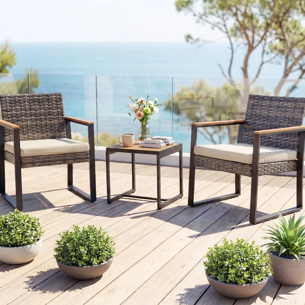 Balkonmöbel Set mit 2 Stühle & Beistelltisch & Weicher Kissen Sitzgruppe Lounge Set Beige