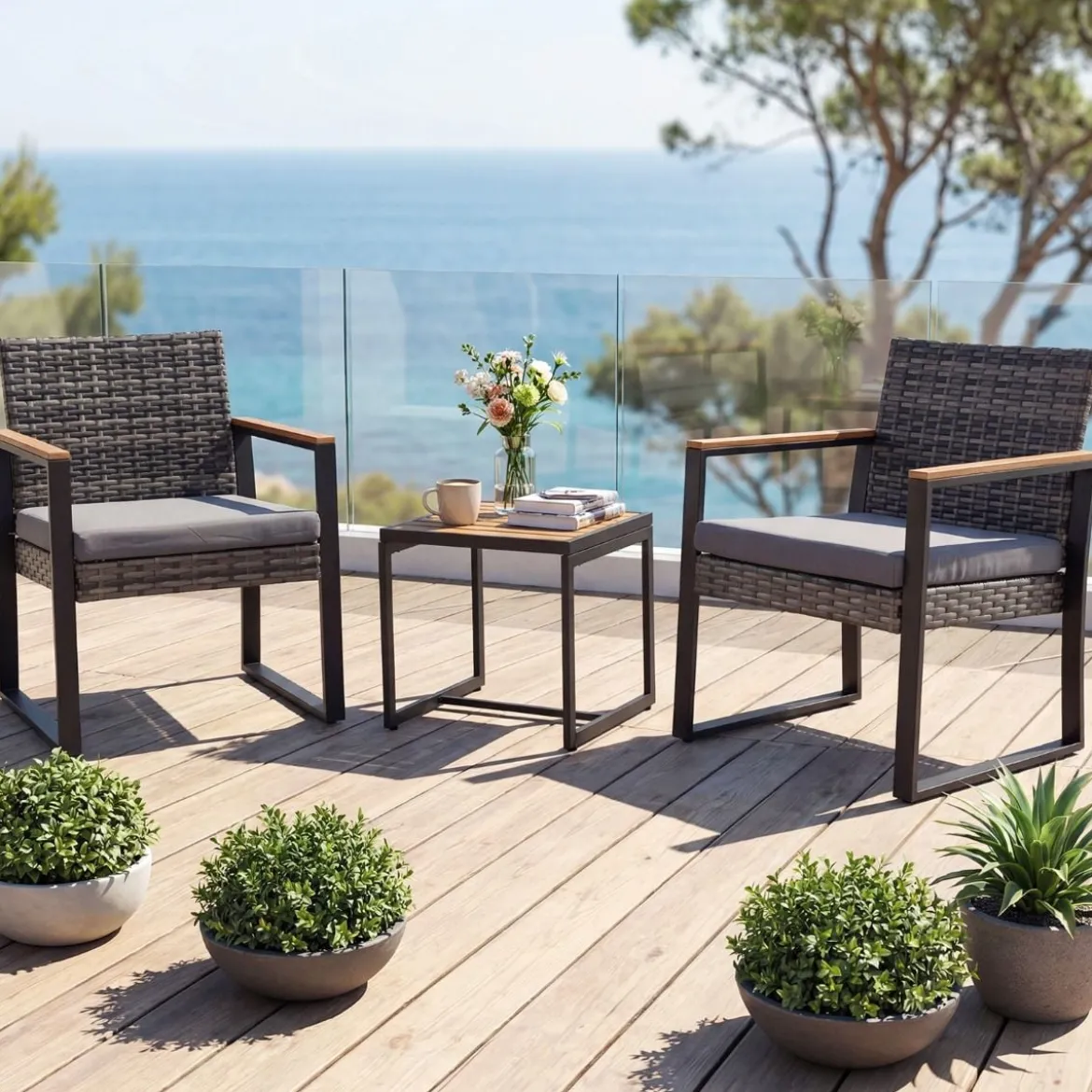 Balkonmöbel Set mit 2 Stühle & Beistelltisch & Weicher Kissen Sitzgruppe Lounge Set Grau
