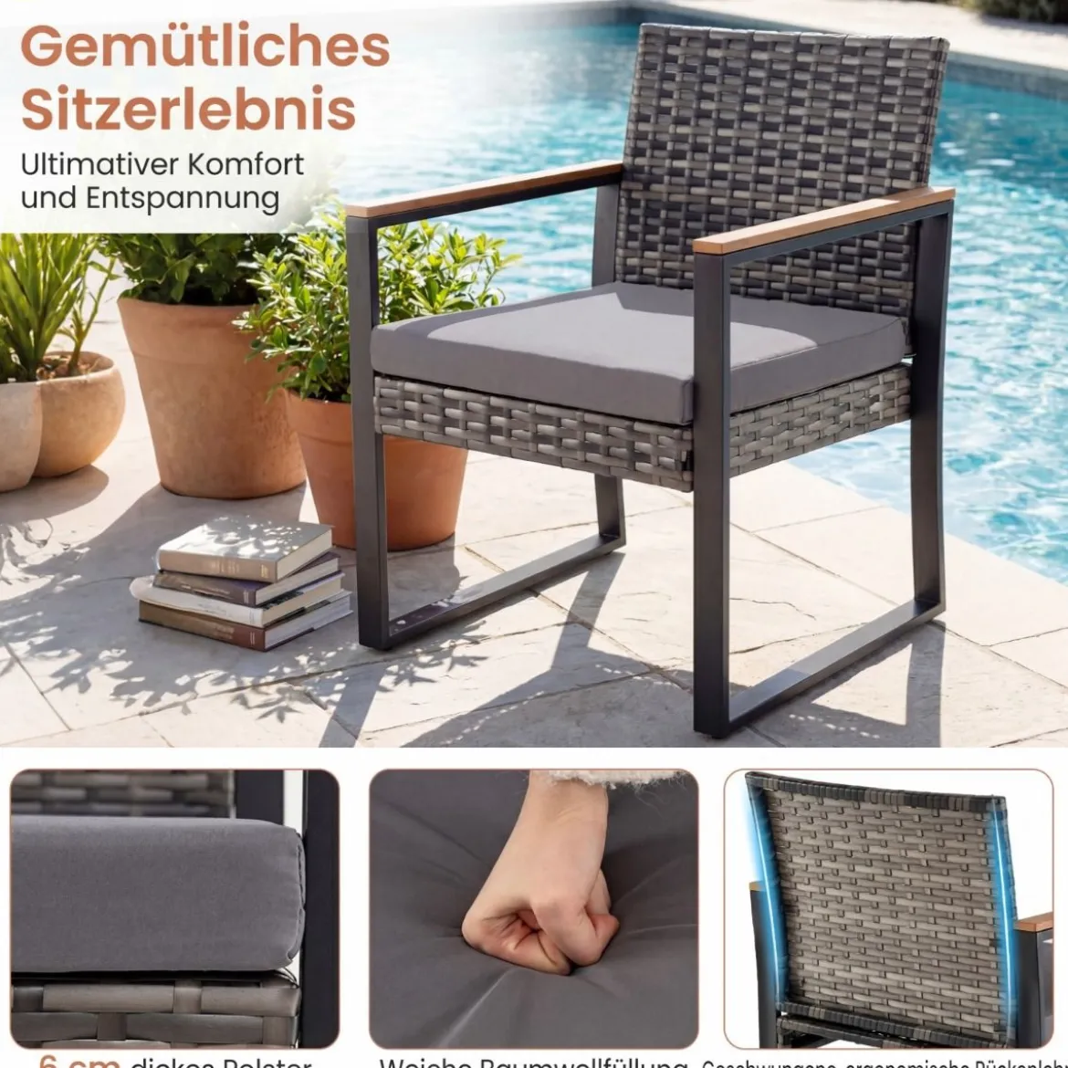 Balkonmöbel Set mit 2 Stühle & Beistelltisch & Weicher Kissen Sitzgruppe Lounge Set Grau