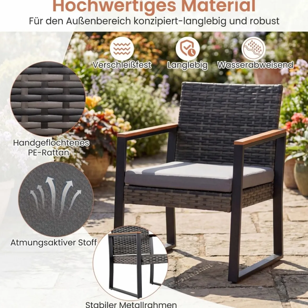 Balkonmöbel Set mit 2 Stühle & Beistelltisch & Weicher Kissen Sitzgruppe Lounge Set Grau