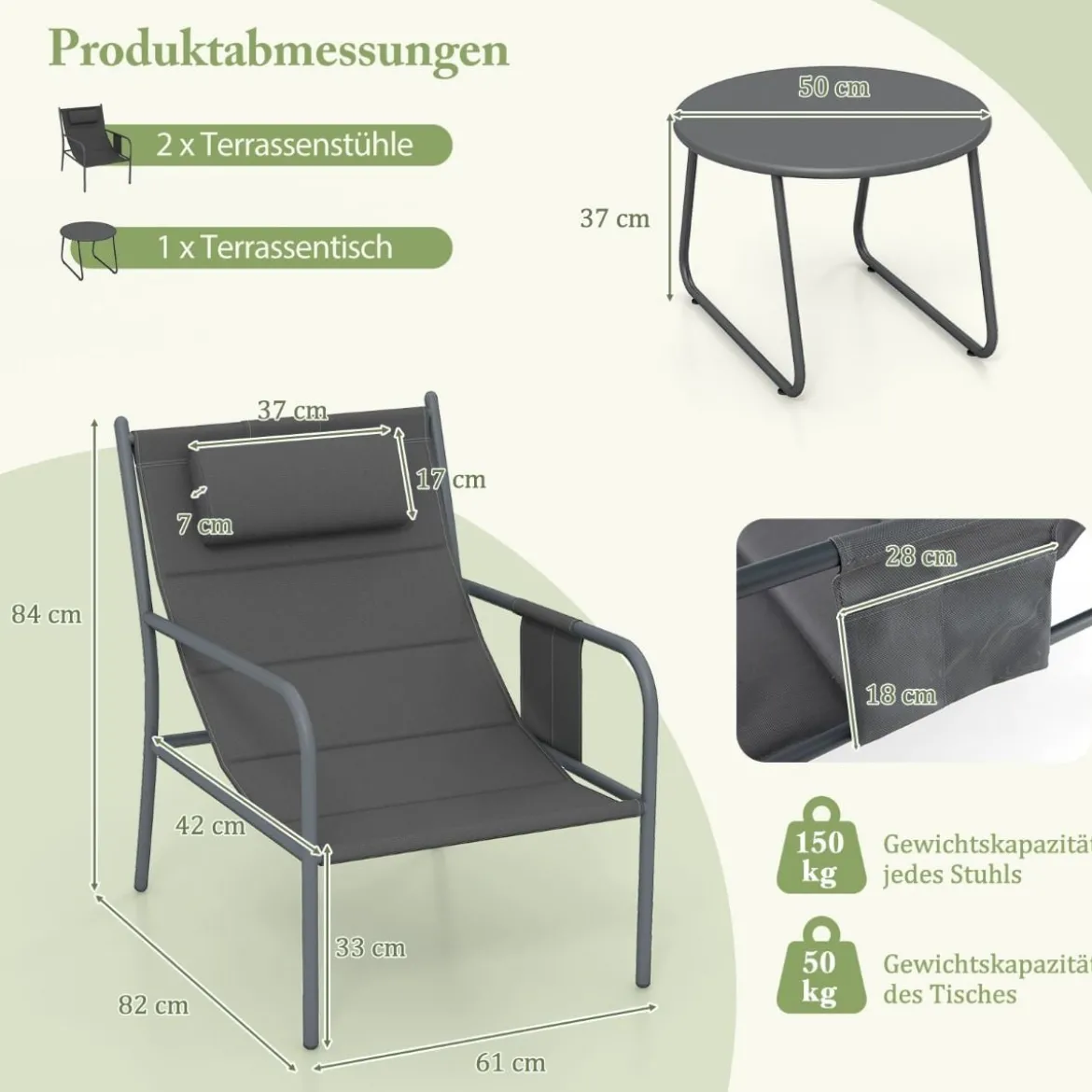 Balkonmöbel Set 3-tlg. Gartenmöbel Set mit 2 Stühlen & Tisch Balkonset mit atmungsaktivem Sitzstoff Grau