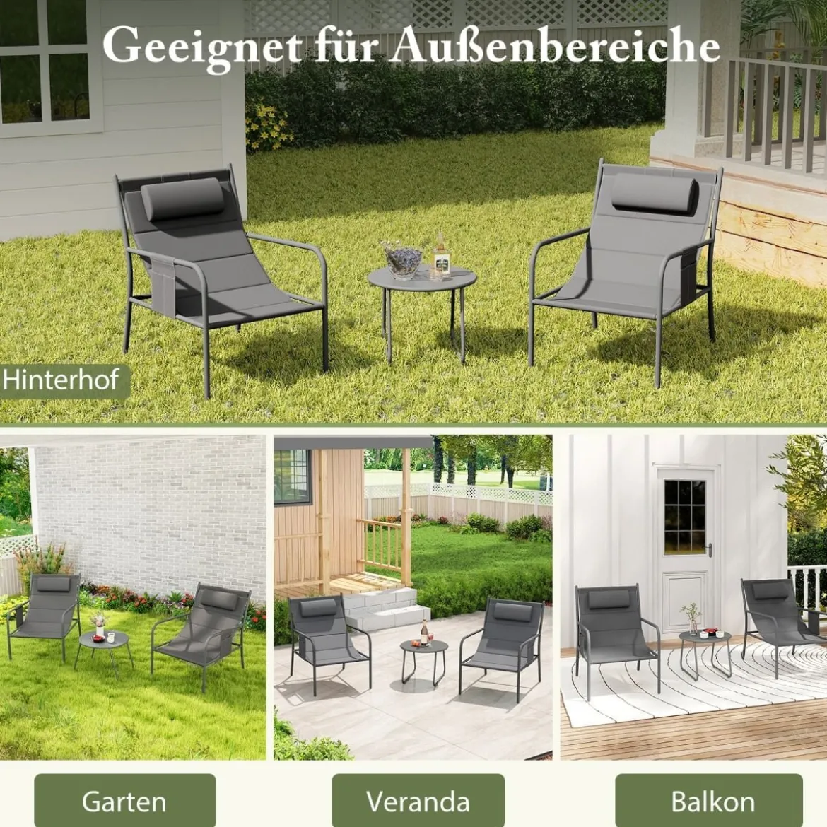Balkonmöbel Set 3-tlg. Gartenmöbel Set mit 2 Stühlen & Tisch Balkonset mit atmungsaktivem Sitzstoff Grau