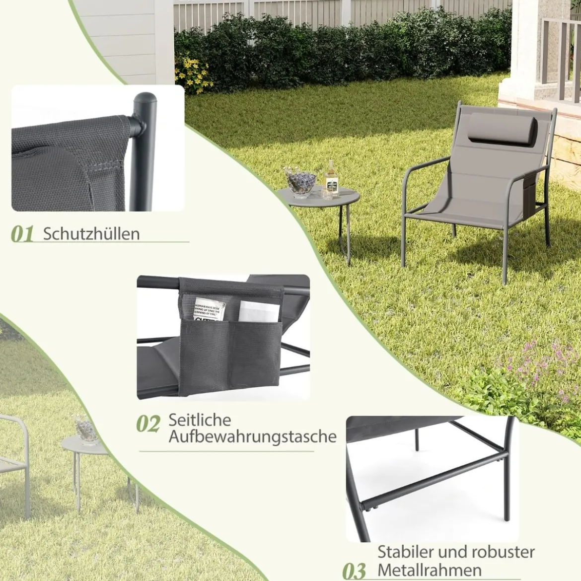 Balkonmöbel Set 3-tlg. Gartenmöbel Set mit 2 Stühlen & Tisch Balkonset mit atmungsaktivem Sitzstoff Grau