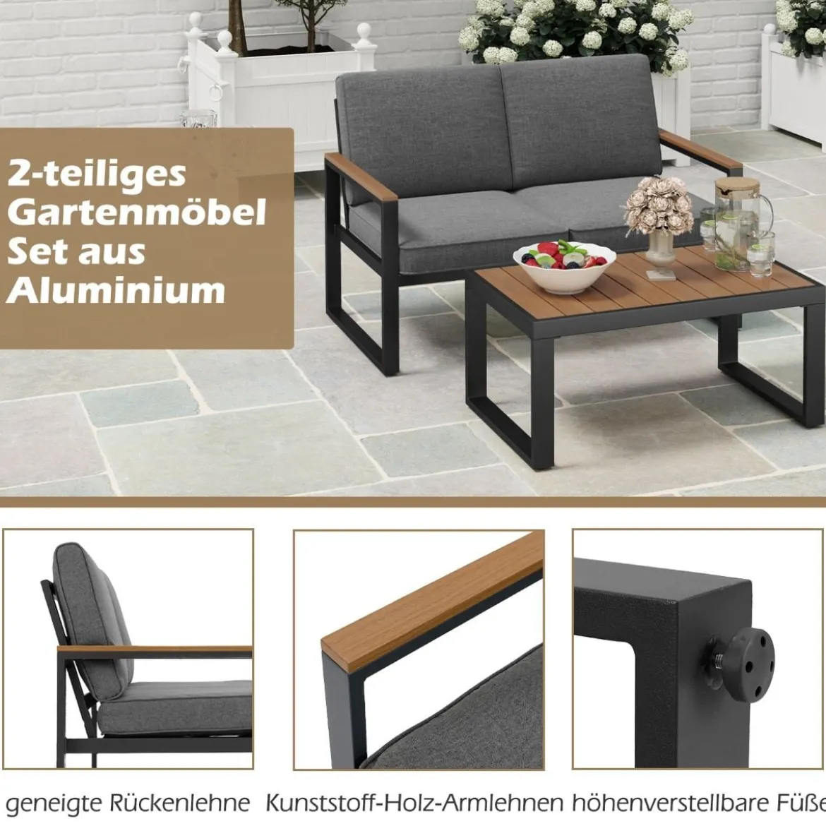 Balkonmöbel wetterfestes Gartenmöbel Set mit Aluminiumrahmen Balkonset mit Bank Grau