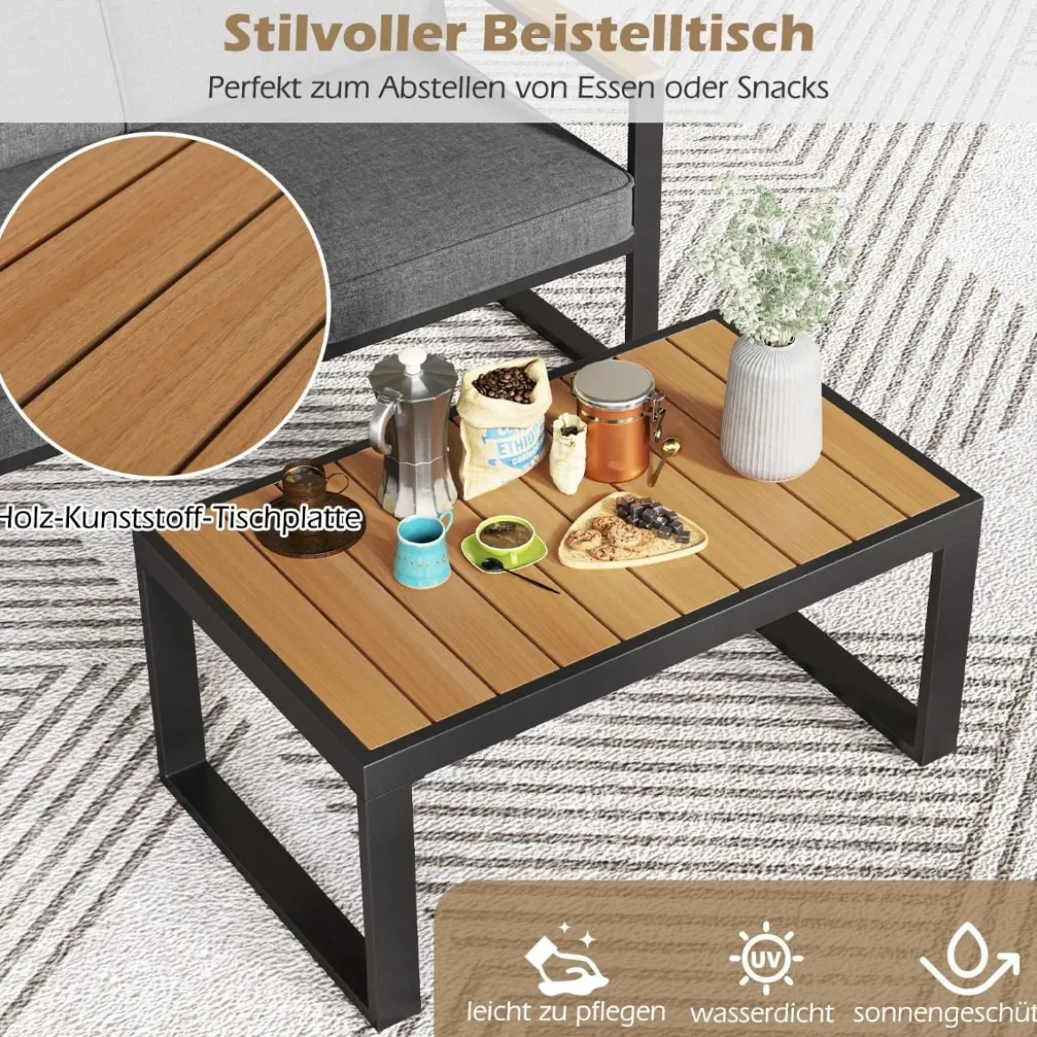 Balkonmöbel wetterfestes Gartenmöbel Set mit Aluminiumrahmen Balkonset mit Bank Grau