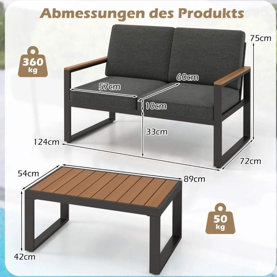 Balkonmöbel wetterfestes Gartenmöbel Set mit Aluminiumrahmen Balkonset mit Bank Grau
