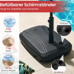 Balkonschirmständer mit Rädern Kreuzfuß HDPE befüllbar mit Wasser Sand für Terrasse Garten
