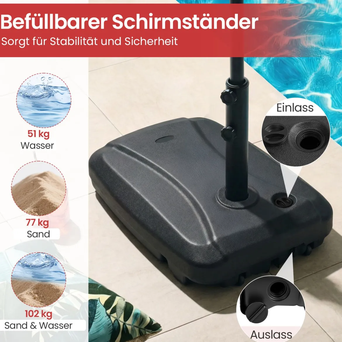 Balkonschirmständer mit Rädern Kreuzfuß HDPE befüllbar mit Wasser Sand für Terrasse Garten