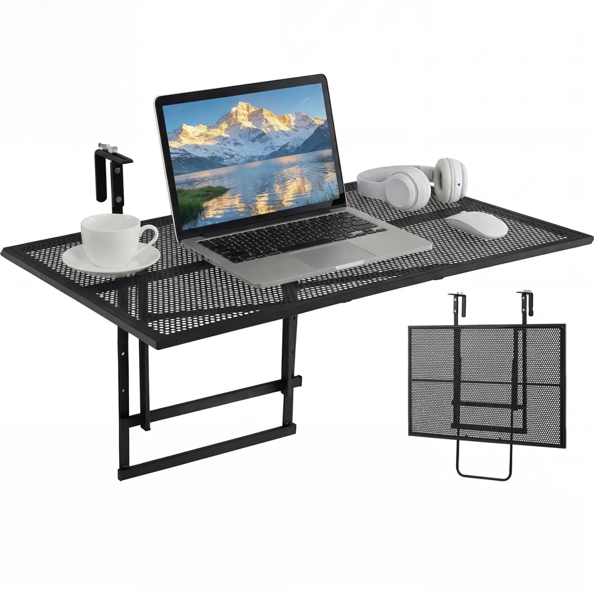Balkontisch Klappbar mit Verstellbarer Bügelbreite 5-Fach Höhenverstellbarer Balkonhängetisch 80 x 60 x 60 cm