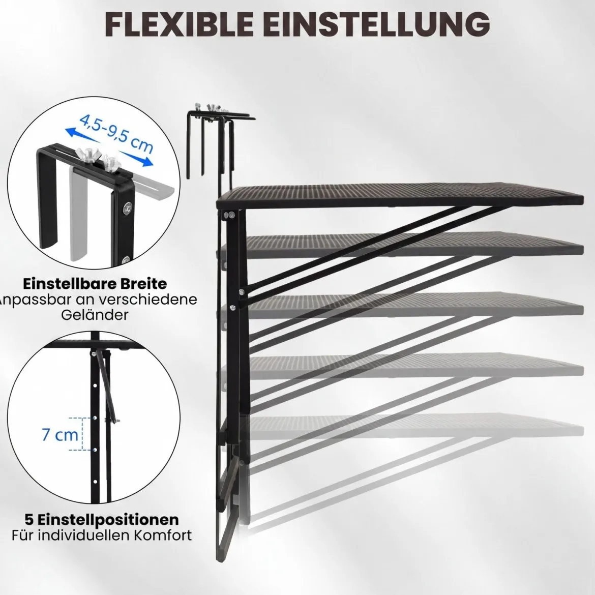 Balkontisch Klappbar mit Verstellbarer Bügelbreite 5-Fach Höhenverstellbarer Balkonhängetisch 80 x 60 x 60 cm