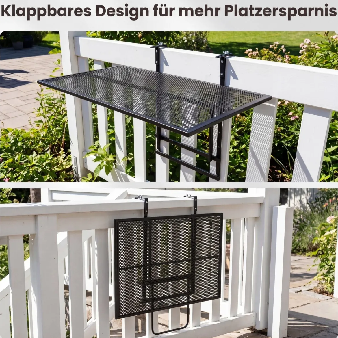 Balkontisch Klappbar mit Verstellbarer Bügelbreite 5-Fach Höhenverstellbarer Balkonhängetisch 80 x 60 x 60 cm