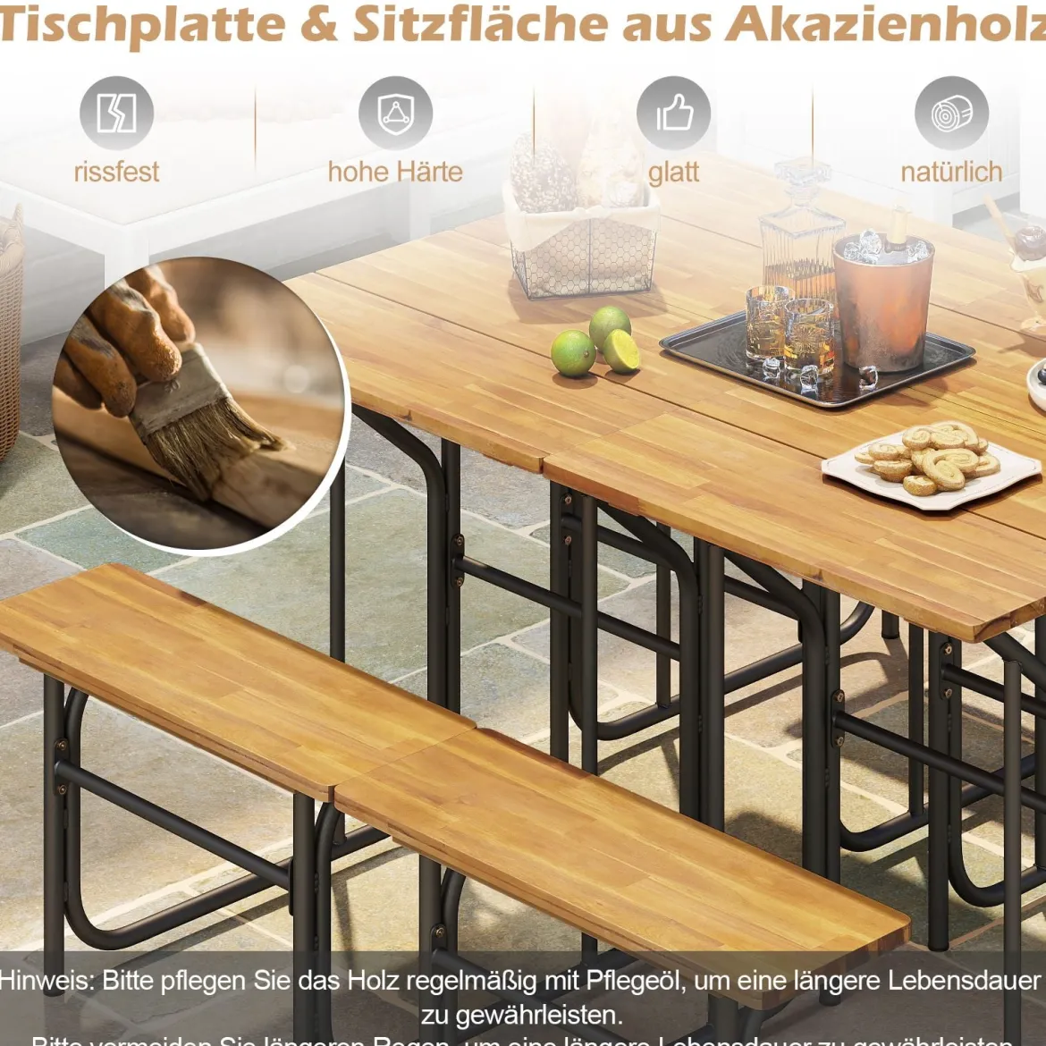 Balkontisch mit Bank Balkonset mit Akazienholzplatte & Metallbeinen Sitzgruppe für 1 Personen