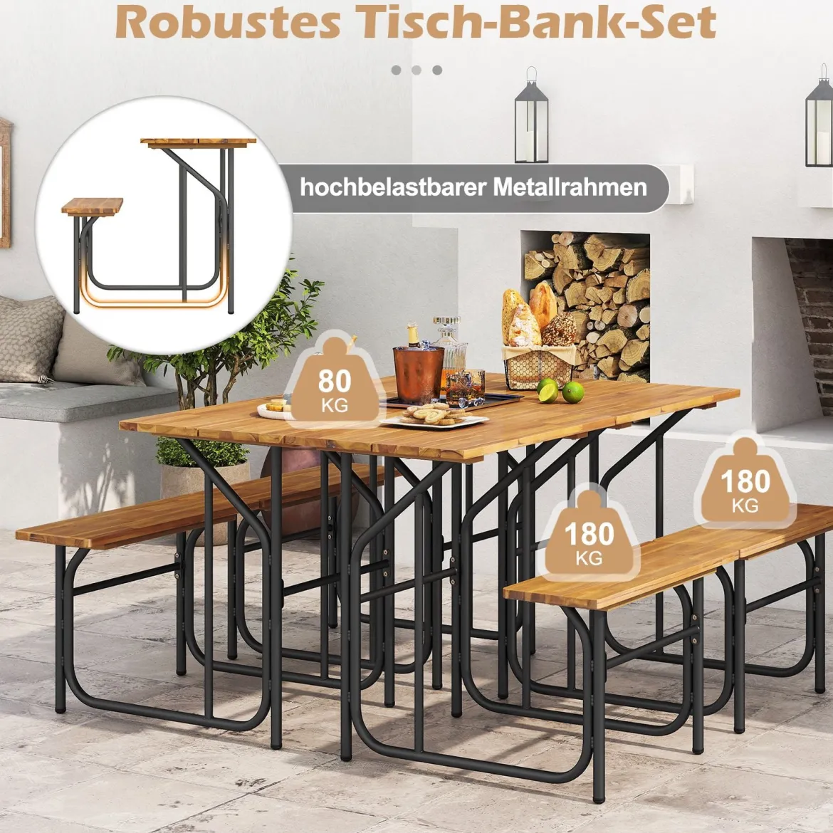 Balkontisch mit Bank Balkonset mit Akazienholzplatte & Metallbeinen Sitzgruppe für 1 Personen