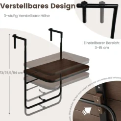Balkontisch zum Einhängen mit 3-stufig Verstellbarer Höhe Klappbarer Geländertisch Kaffee