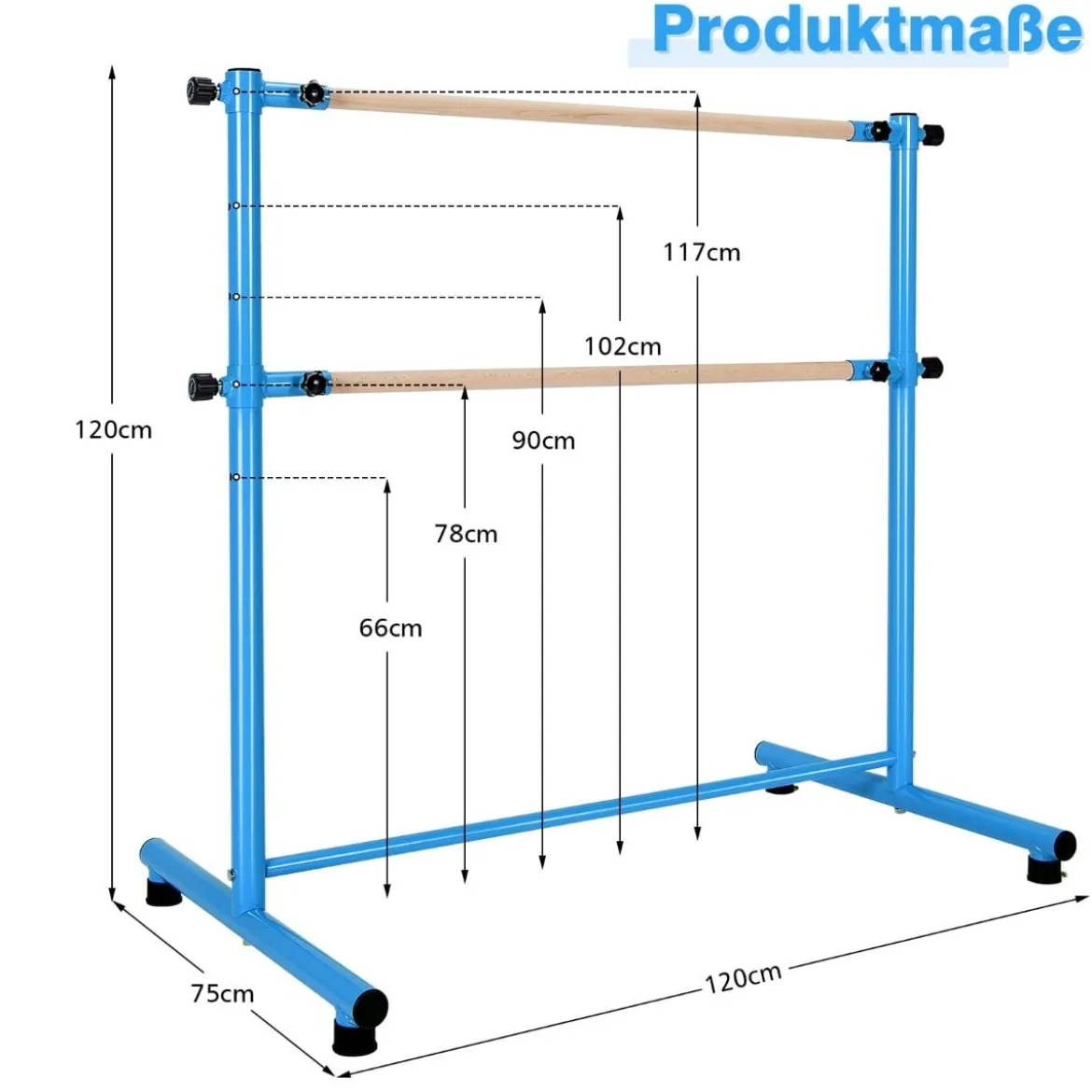 Ballettstange freistehend 5 stufig höhenverstellbar Ballett Barre mit 2 massiven Holzstangen 120 cm Blau