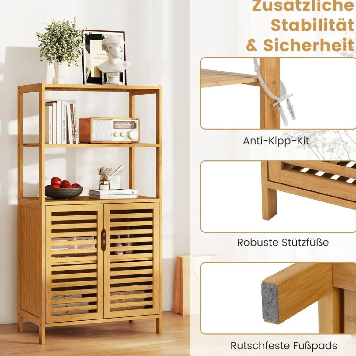 Bambus Bücherregal mit Türen 4 Stöckiges Regal mit Lamellentürenschrank 60 x 33 x 116 cm