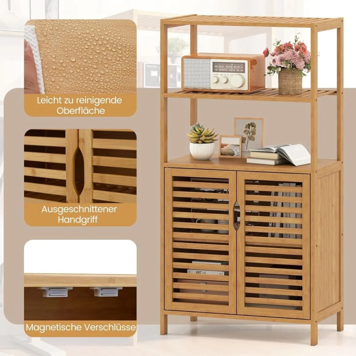 Bambus Bücherregal mit Türen 4 Stöckiges Regal mit Lamellentürenschrank 60 x 33 x 116 cm