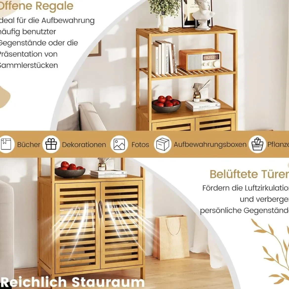 Bambus Bücherregal mit Türen 4 Stöckiges Regal mit Lamellentürenschrank 60 x 33 x 116 cm