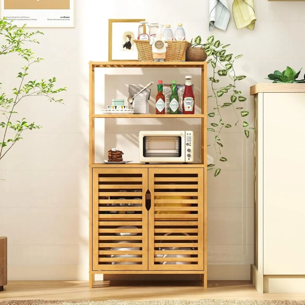 Bambus Bücherregal mit Türen 4 Stöckiges Regal mit Lamellentürenschrank 60 x 33 x 116 cm