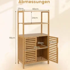 Bambus Bücherregal mit Türen 4 Stöckiges Regal mit Lamellentürenschrank 60 x 33 x 116 cm