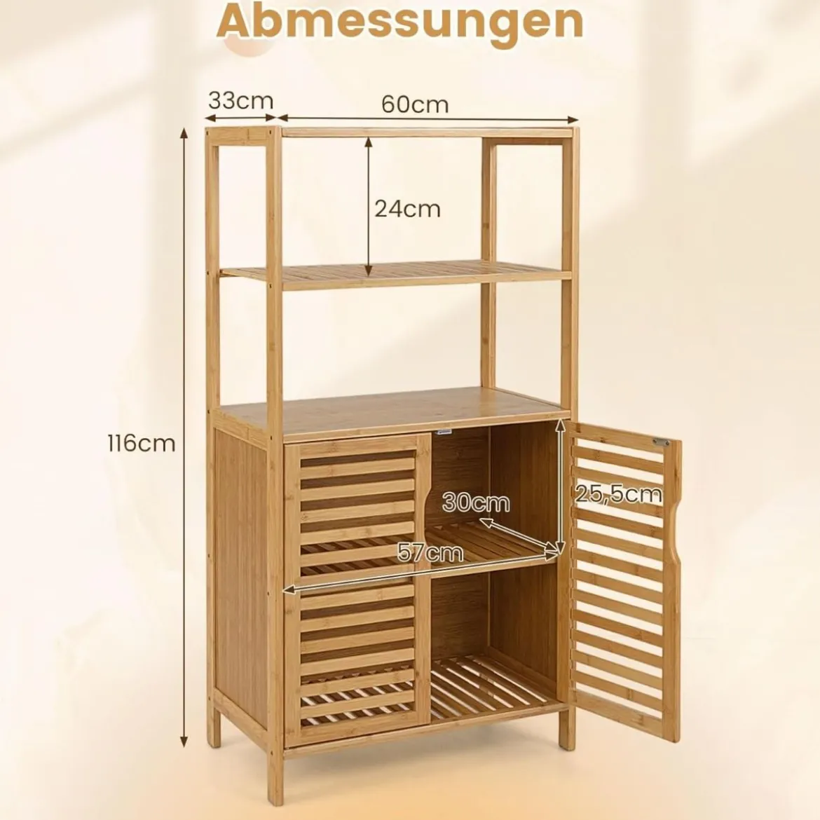 Bambus Bücherregal mit Türen 4 Stöckiges Regal mit Lamellentürenschrank 60 x 33 x 116 cm