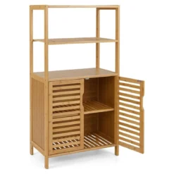 Bambus Bücherregal mit Türen 4 Stöckiges Regal mit Lamellentürenschrank 60 x 33 x 116 cm