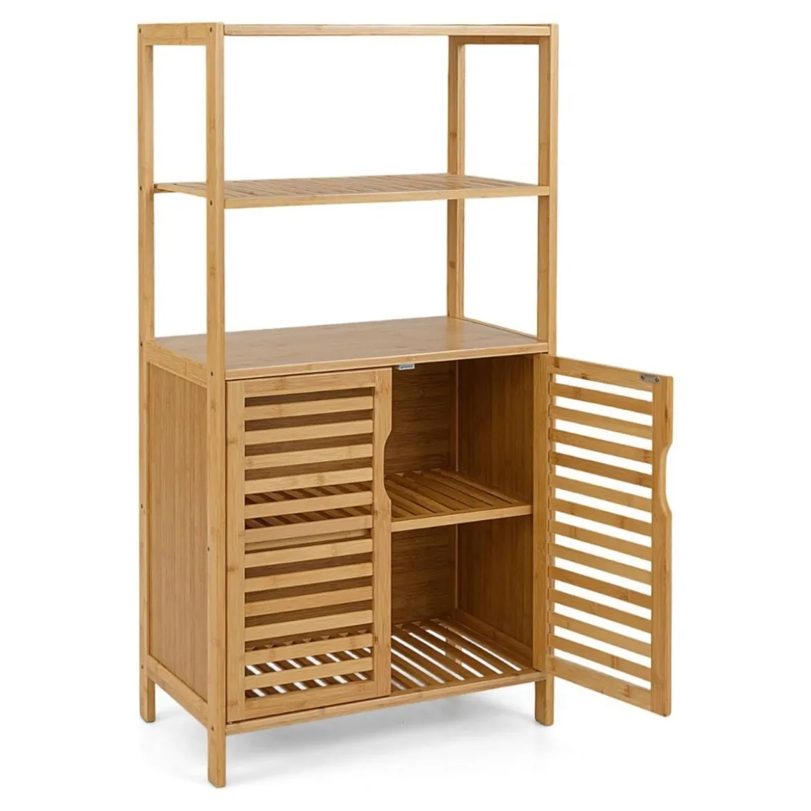 Bambus Bücherregal mit Türen 4 Stöckiges Regal mit Lamellentürenschrank 60 x 33 x 116 cm
