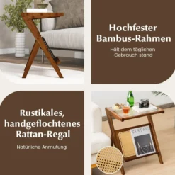 Bambus Beistelltisch mit Rattan Magazinhalter & Glasplatte Z-förmiger Couchtisch Walnuss