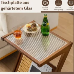 Bambus Beistelltisch mit Rattan Magazinhalter & Glasplatte Z-förmiger Couchtisch Walnuss